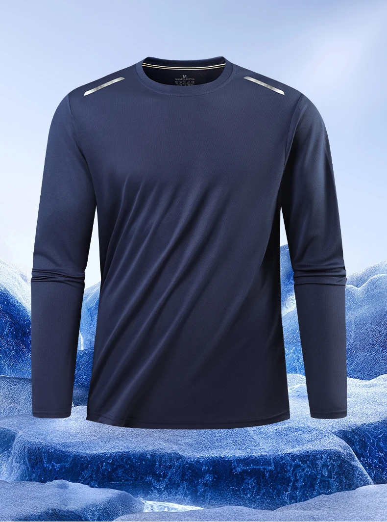 Navy long-sleeve t-shirt with 'Quick Drying T-Shirt' text on a blue background