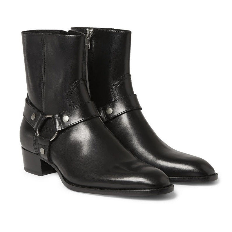 Men’s Black Leather Ankle Boots – Pointed Toe Side Zip Casual Boots