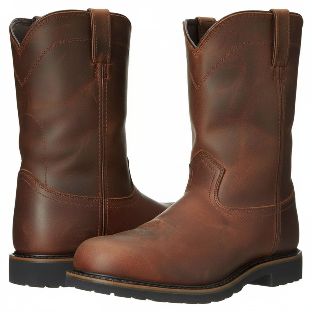 Men’s Brown Square Toe Casual Boots – Low Heel Patchwork Fashion Boots