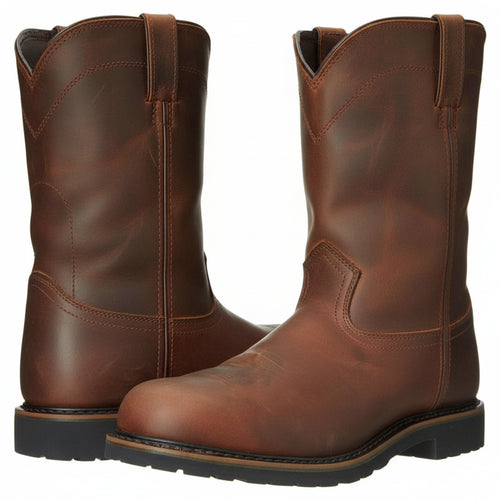 Men’s Brown Square Toe Casual Boots – Low Heel Patchwork Fashion Boots