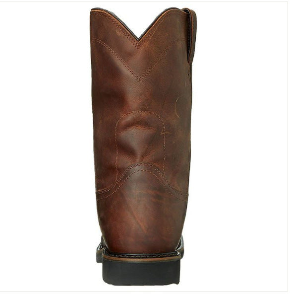 Men’s Brown Square Toe Casual Boots – Low Heel Patchwork Fashion Boots