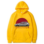 Yellow hoodie with a car graphic and Japanese text on a white background