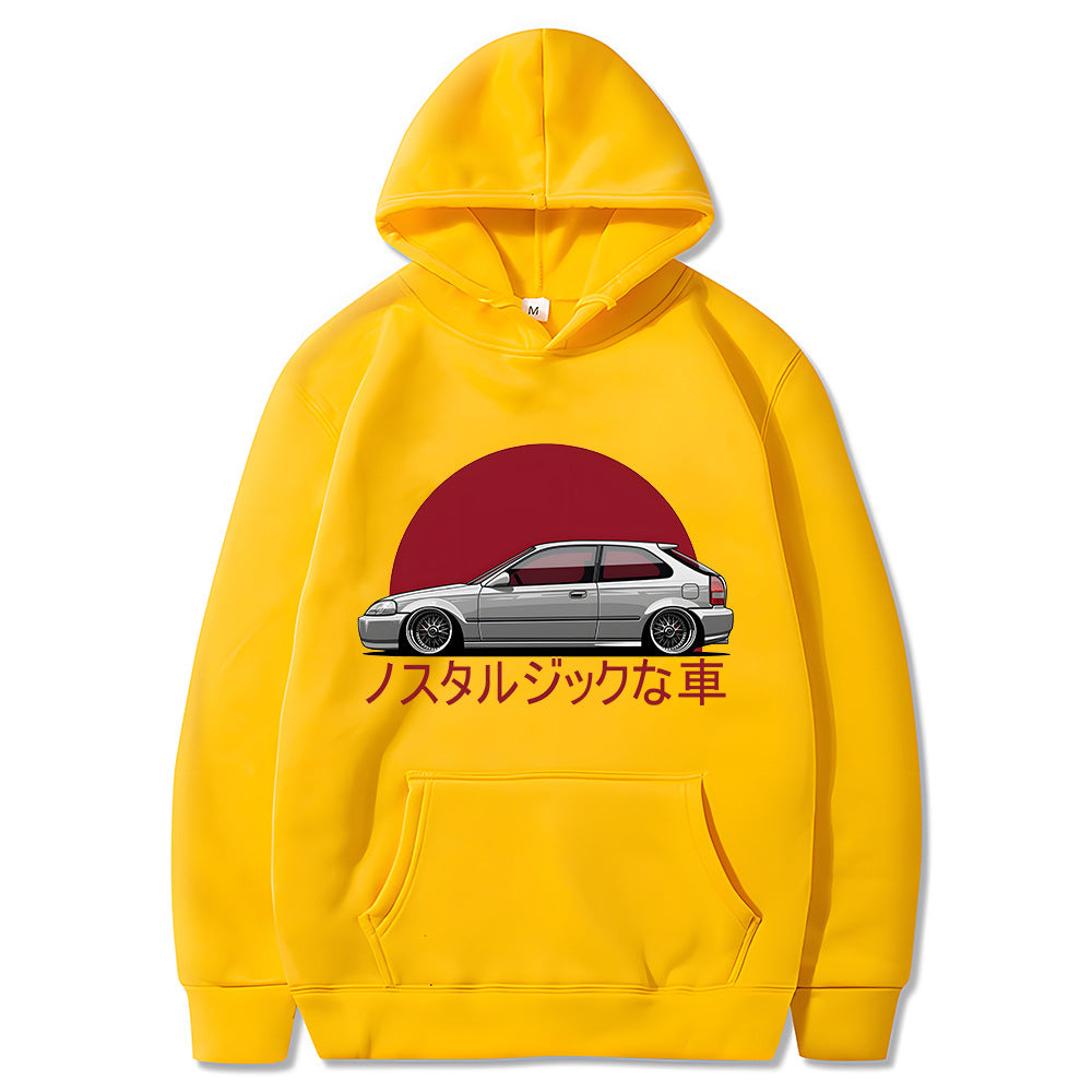Yellow hoodie with a car graphic and Japanese text on a white background