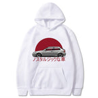 White hoodie with a car graphic and red sun design on a white background