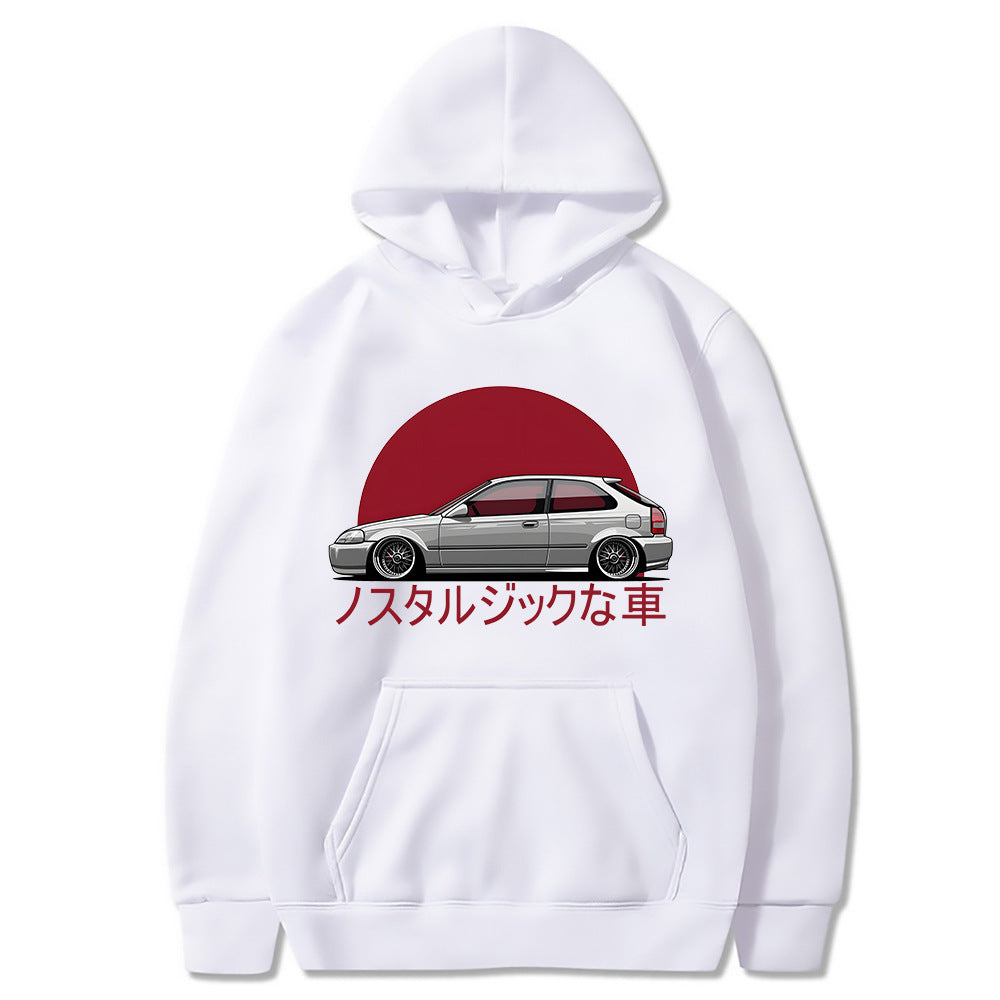 White hoodie with a car graphic and red sun design on a white background
