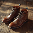 A pair of brown leather lace-up ankle boots with cap toes, displayed on a rustic wooden surface.