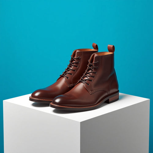 A pair of dark brown leather lace-up ankle boots with pull tabs, displayed on a white cube pedestal against a solid teal-blue background.