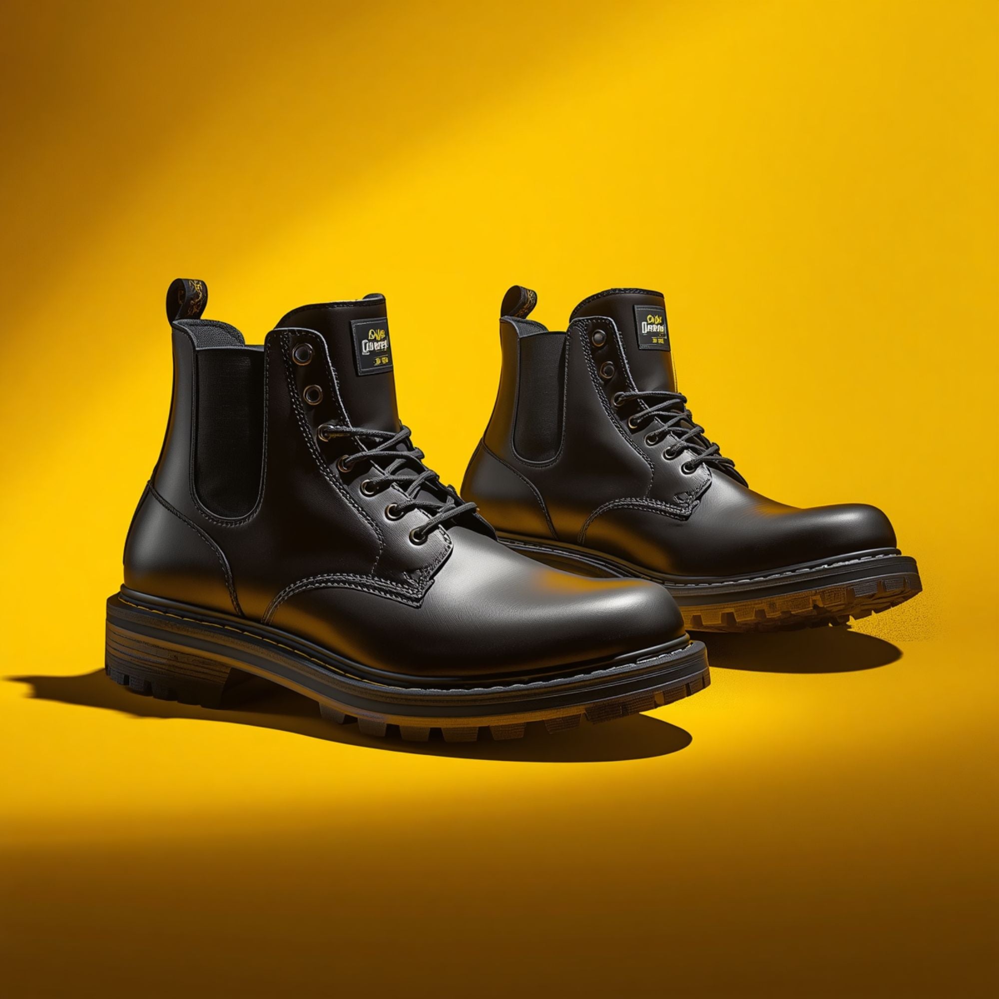 A pair of black leather Chelsea-style boots with elastic side panels, lace-up fronts, and thick lug soles, photographed on a bright yellow studio background.