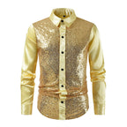 Gold sequin vest over a light yellow shirt on a white background