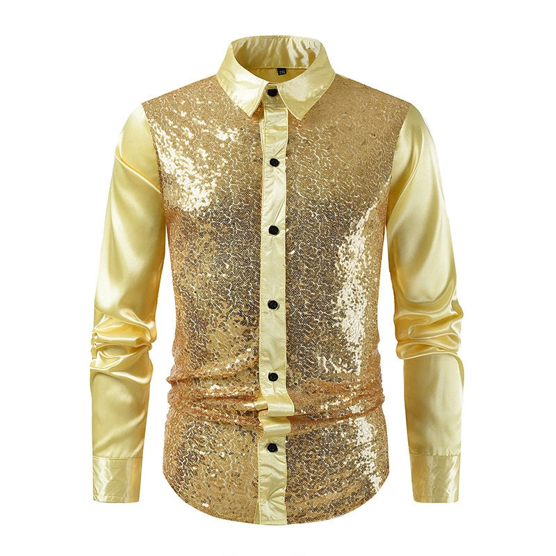 Gold sequin vest over a light yellow shirt on a white background
