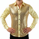 Gold sequin vest over a light yellow shirt on a white background