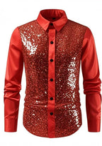 Red sequin shirt with a white collar on a white background