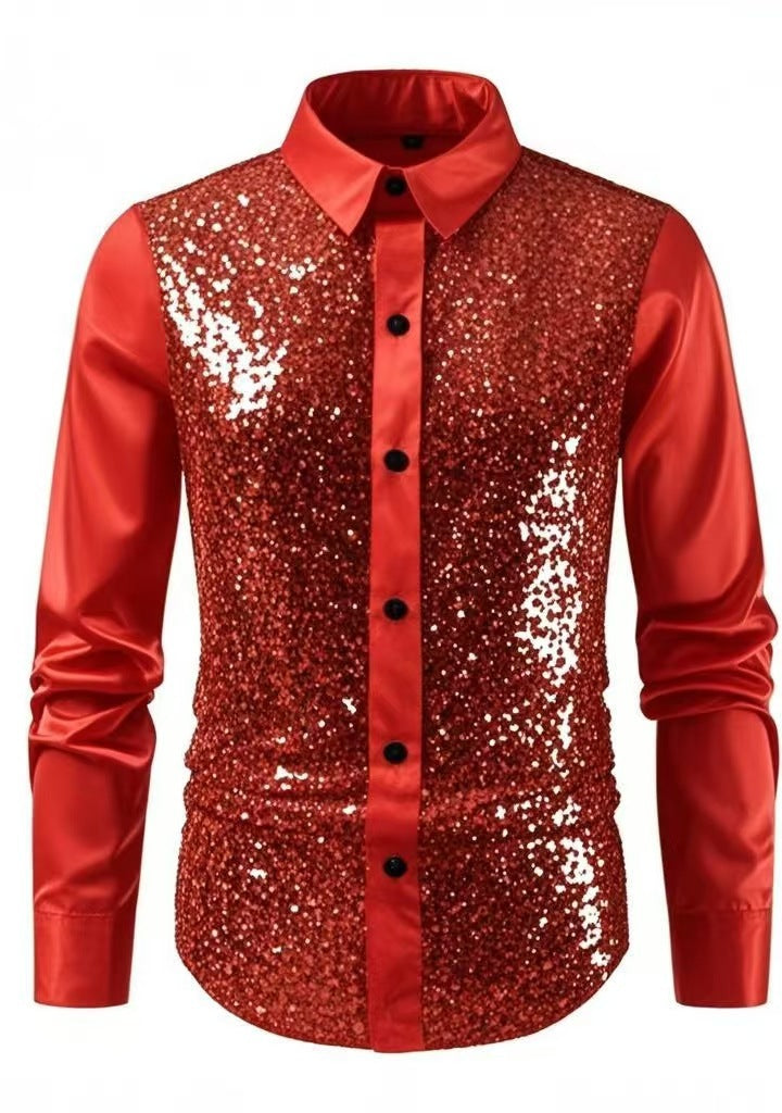 Red sequin shirt with a white collar on a white background
