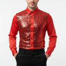 Red sequin shirt with a white collar on a white background