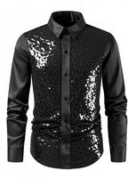 Black sequin shirt with a white collar on a white background