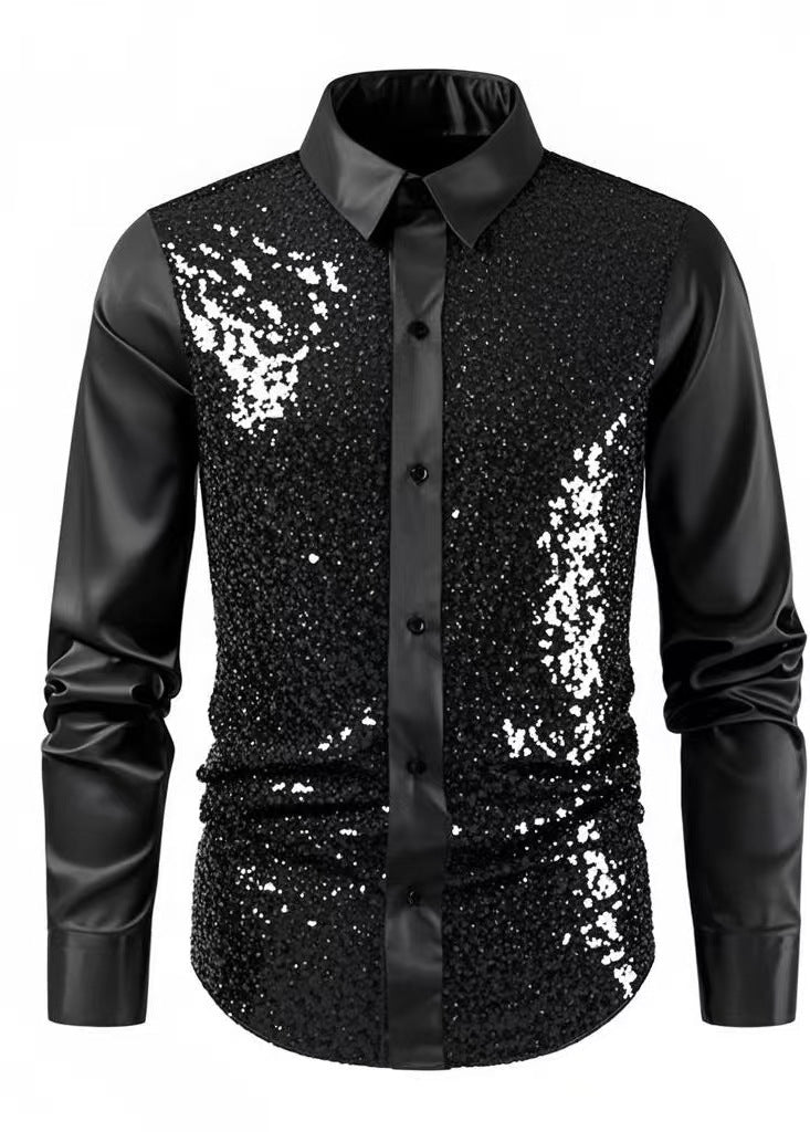 Black sequin shirt with a white collar on a white background