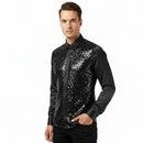 Black sequin shirt with a white collar on a white background