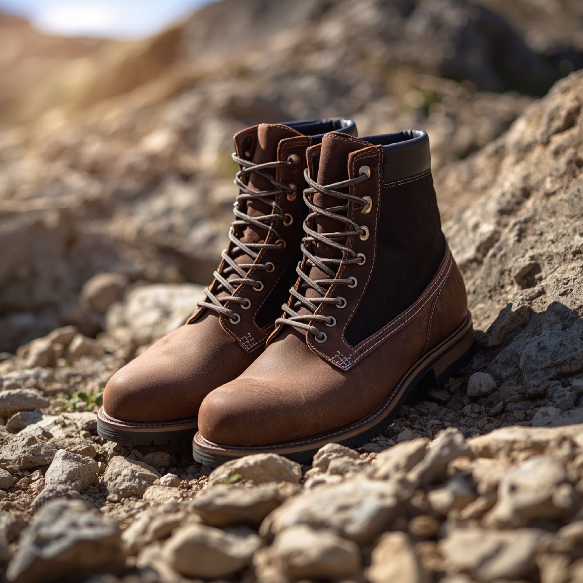 A pair of brown leather lace-up boots with dark brown panels and light tan laces, photographed outdoors on a rocky, sandy ground with a blurred natural background.