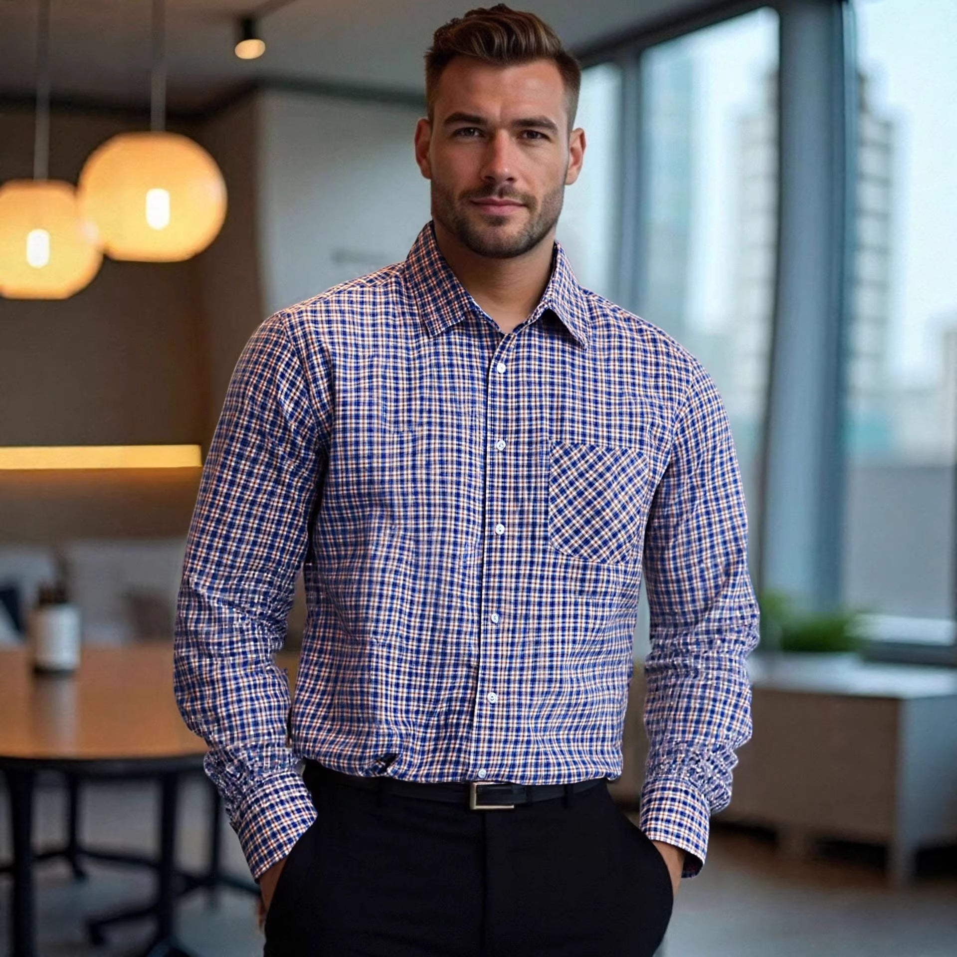 Man wearing a blue and white checkered shirt in an office setting