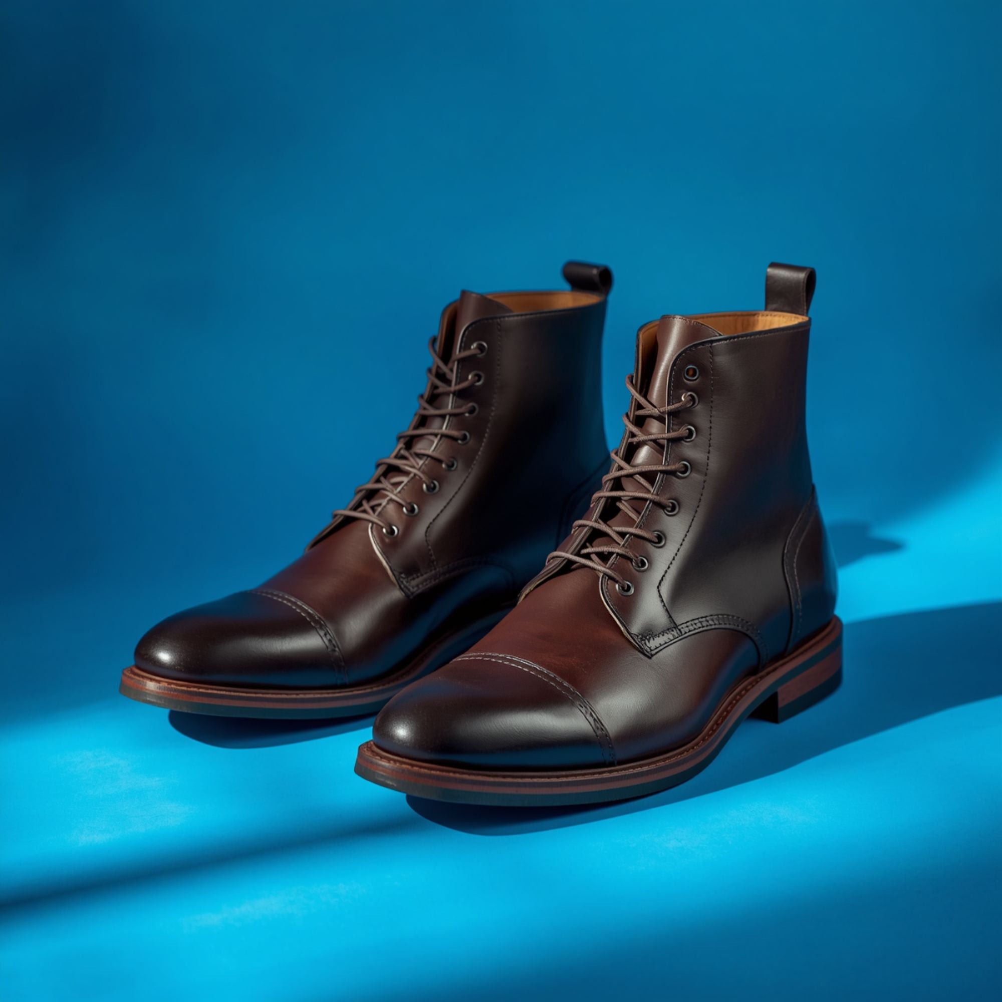 A pair of dark brown leather lace-up ankle boots with cap toes, displayed on a vibrant blue studio background.