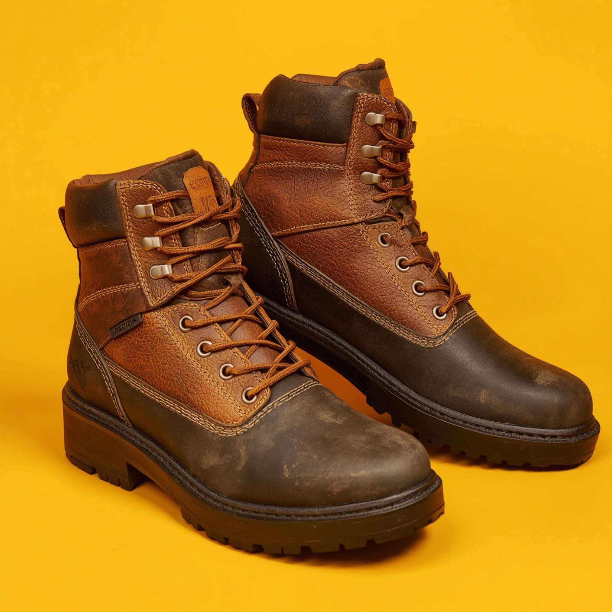 A pair of rugged lace-up work boots in dark brown and tan leather, displayed on a solid yellow background.