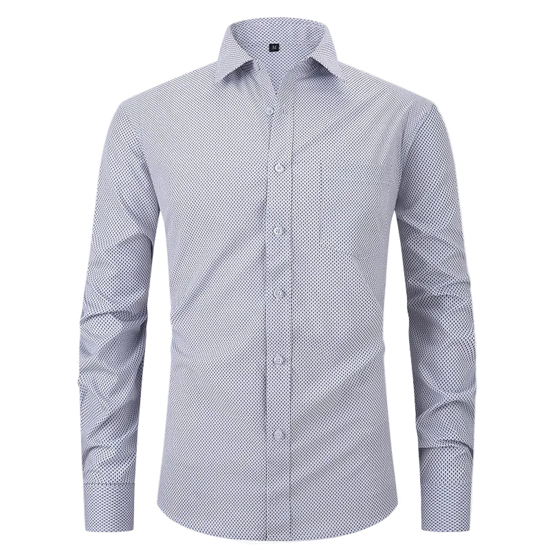 Patterned shirt on a white background with brand label.