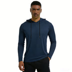 Man wearing a navy blue long-sleeve hoodie on a white background