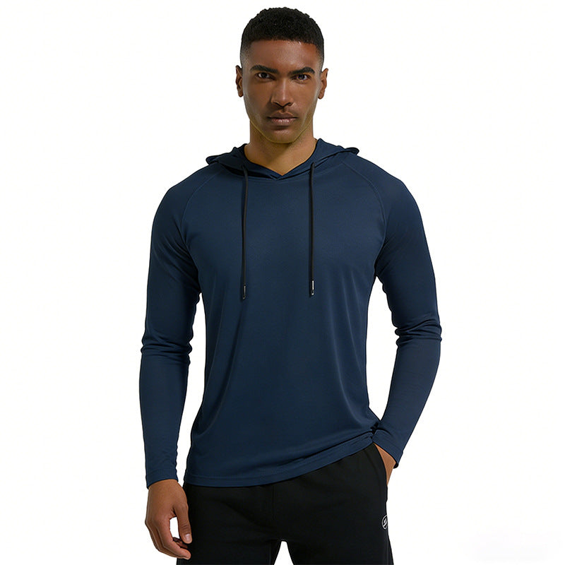 Man wearing a navy blue long-sleeve hoodie on a white background