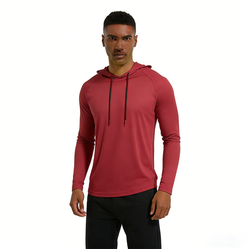Man wearing a red hoodie on a white background