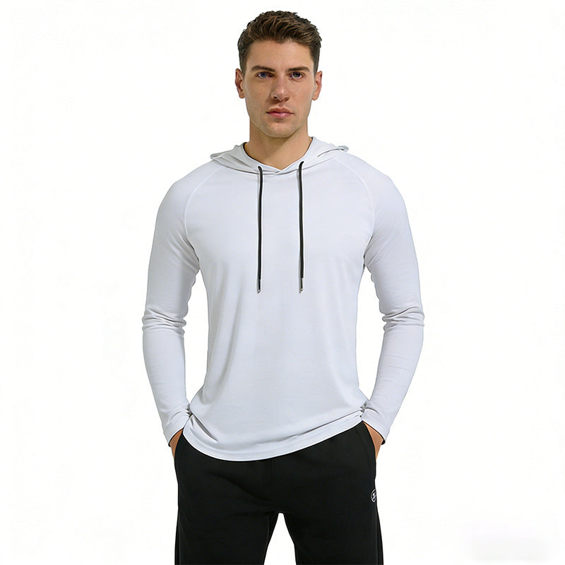 Man wearing a white hoodie with black drawstrings on a white background