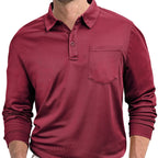 Maroon long-sleeve polo shirt with a pocket on a white background