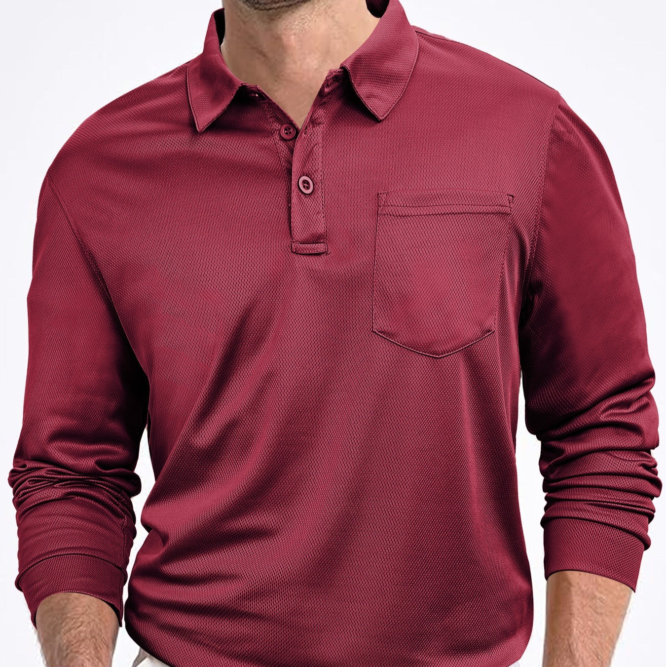 Maroon long-sleeve polo shirt with a pocket on a white background