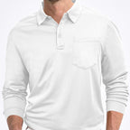 White long-sleeve polo shirt worn by a person on a white background