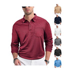 Man wearing a maroon long-sleeve polo shirt with multiple color options displayed on a white background.