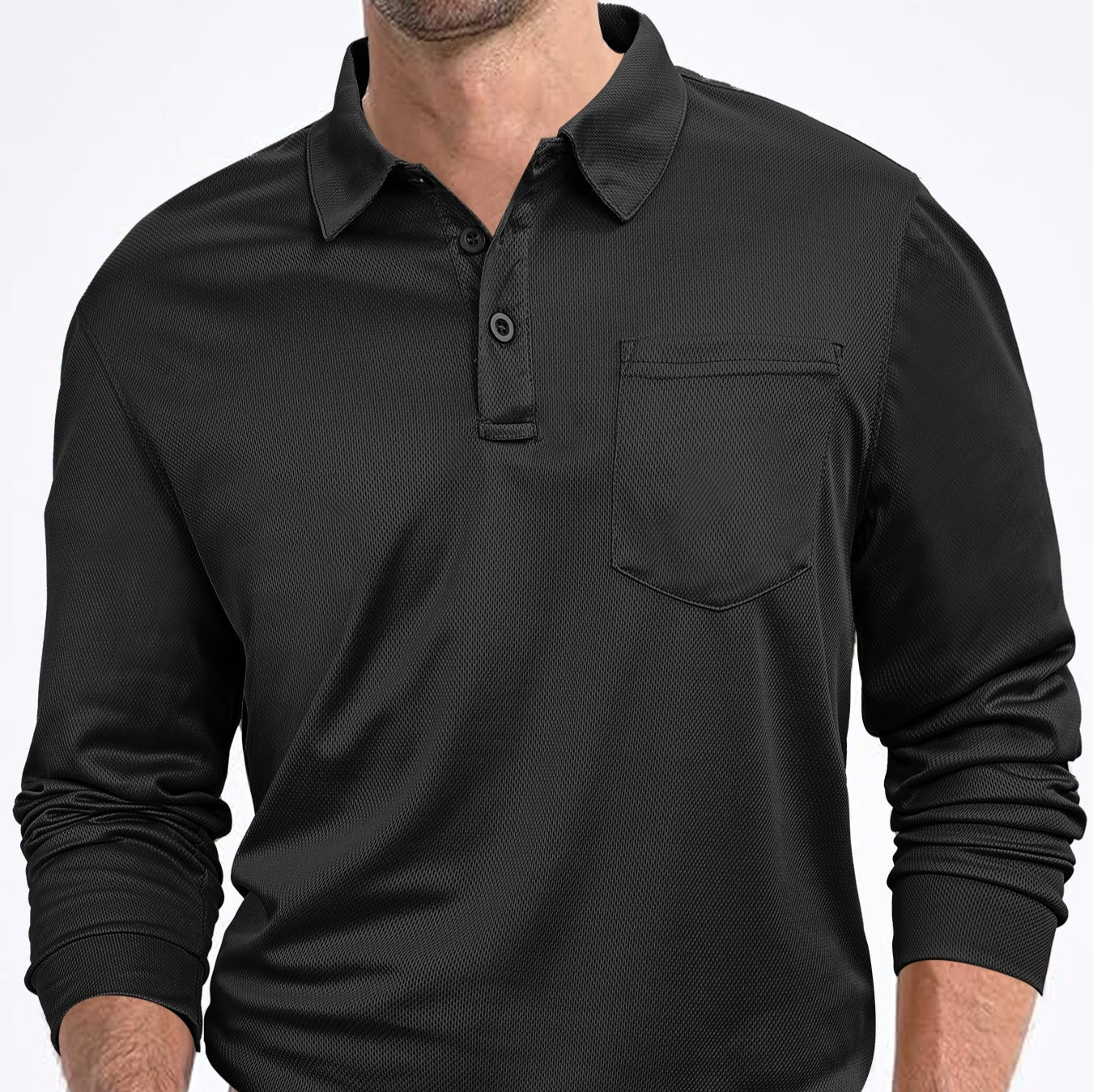 Black long-sleeve polo shirt worn by a person on a white background