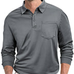 Gray long-sleeve polo shirt with a pocket on a white background