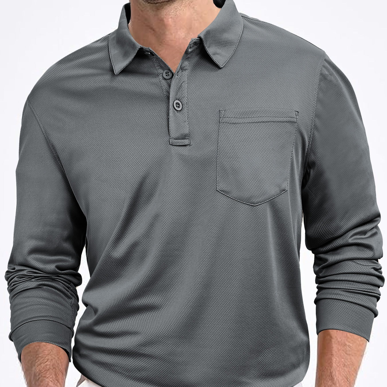 Gray long-sleeve polo shirt with a pocket on a white background