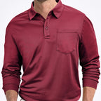 Maroon long-sleeve polo shirt with a pocket on a white background