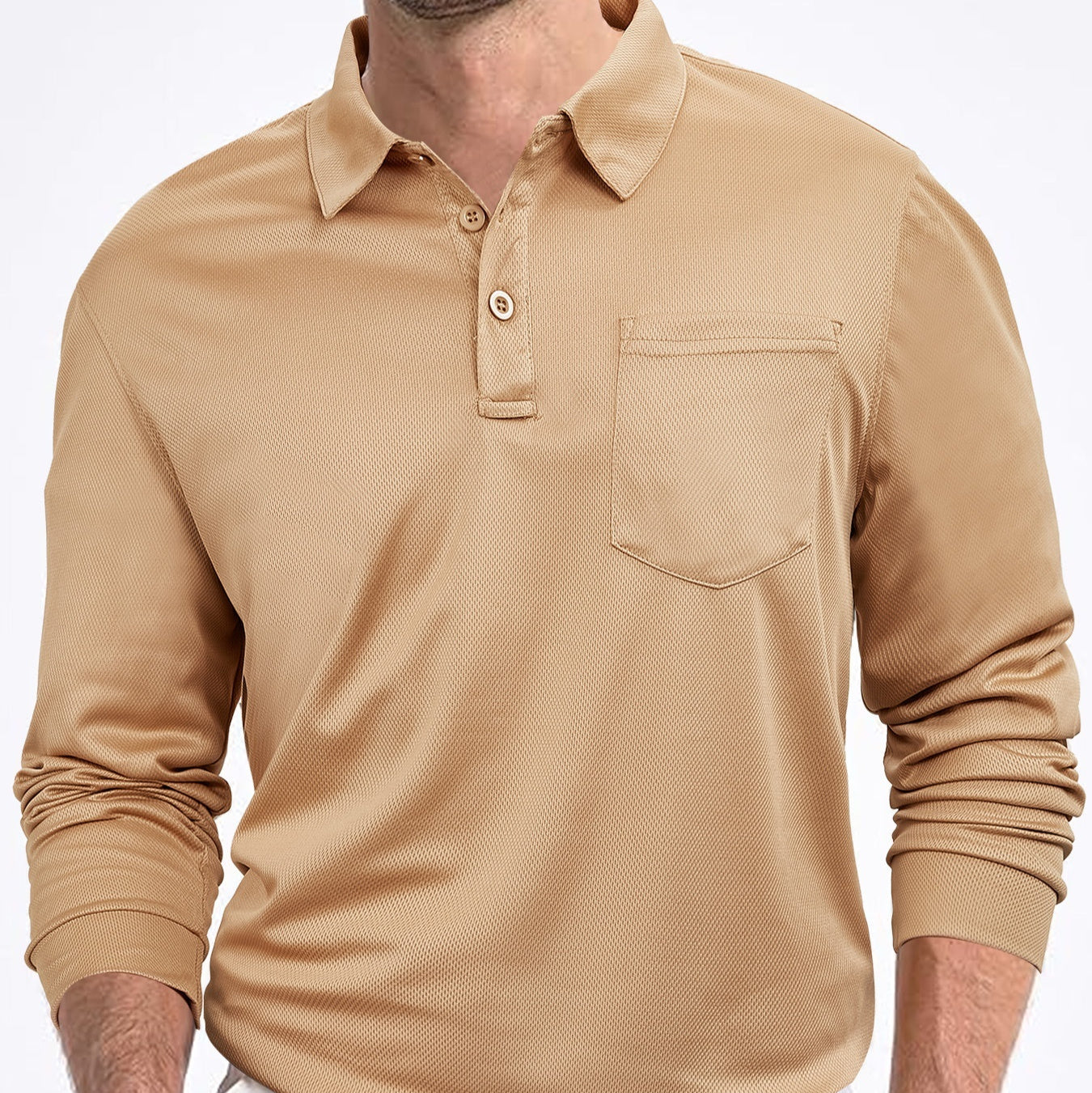 Beige long-sleeve polo shirt on a white background