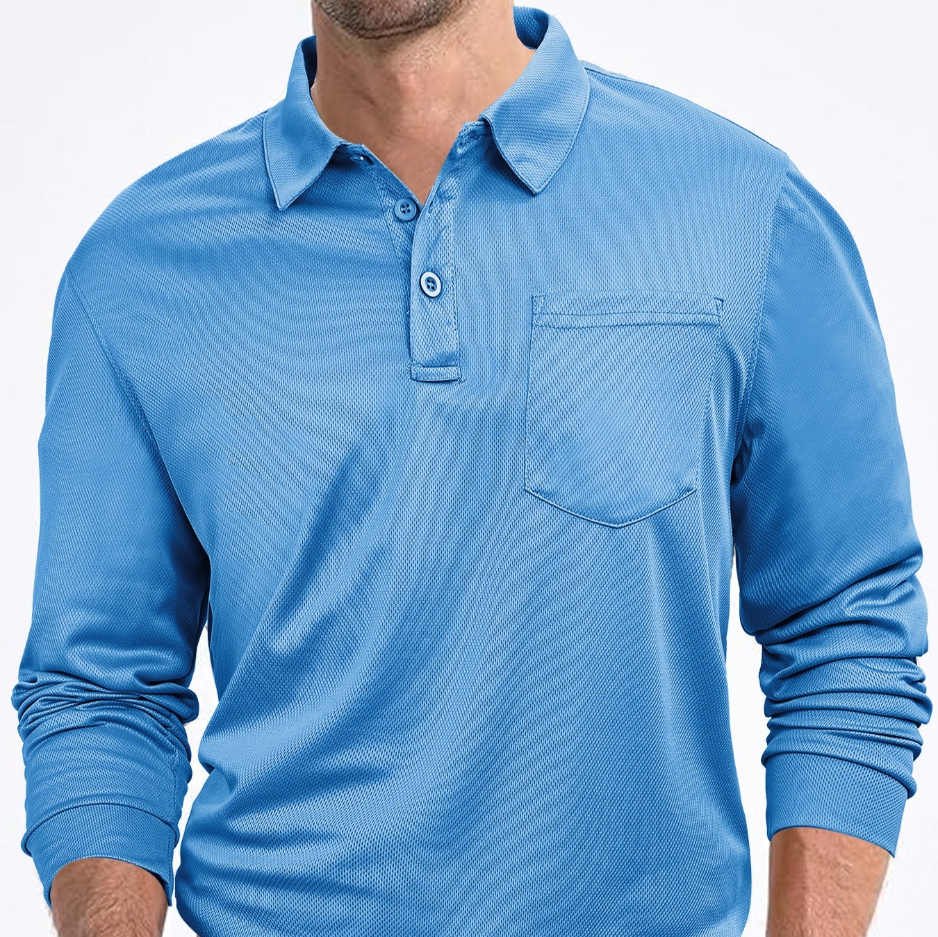 Blue long-sleeve polo shirt on a white background
