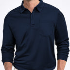 Navy long-sleeve polo shirt on a white background