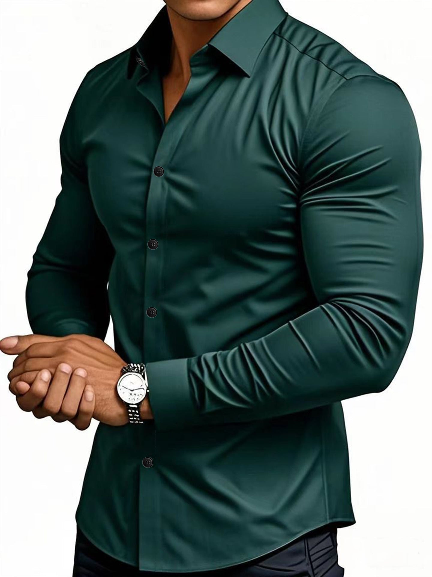 Man wearing a green dress shirt with a watch on a white background