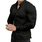Person wearing a black dress shirt on a white background