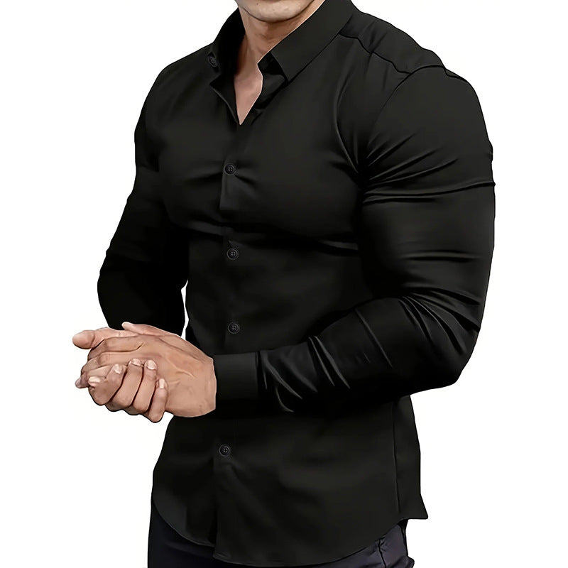 Person wearing a black dress shirt on a white background