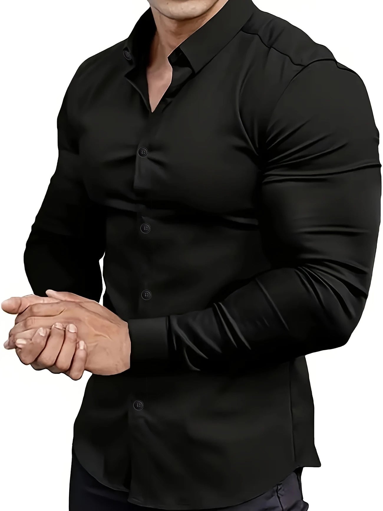 Black dress shirt worn by a person on a white background