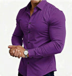 Purple shirt worn by a person on a white background