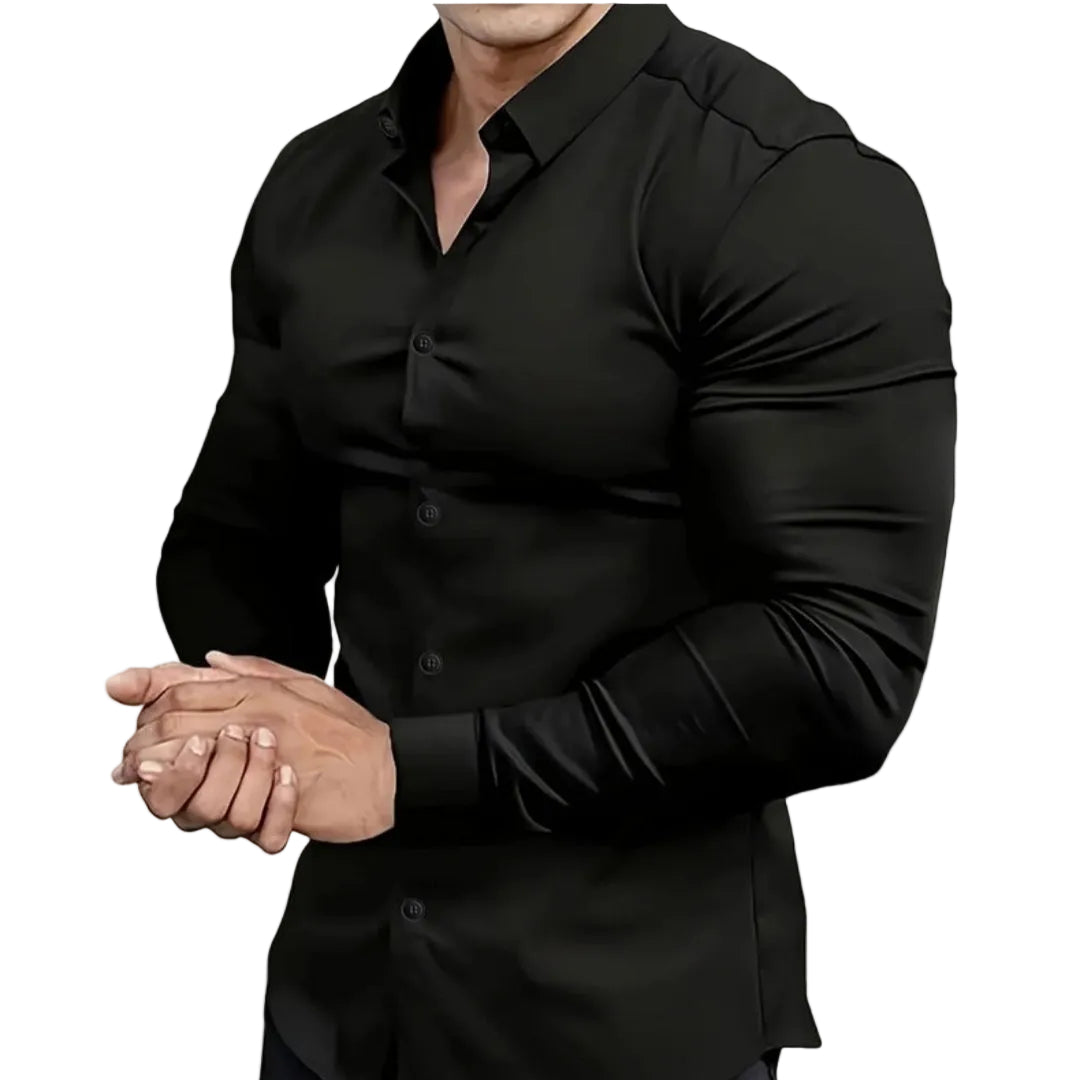 Person wearing a black dress shirt on a plain background