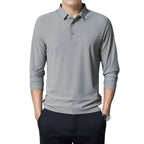 Gray long-sleeve polo shirt worn by a person on a white background