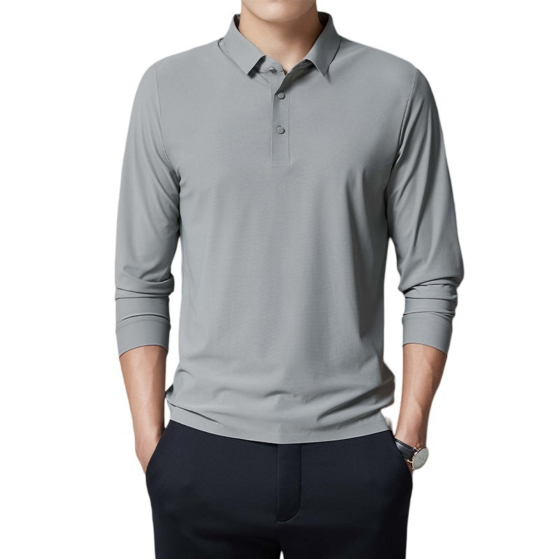 Gray long-sleeve polo shirt worn by a person on a white background