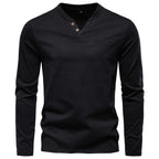 Black long-sleeve shirt with button details on a white background